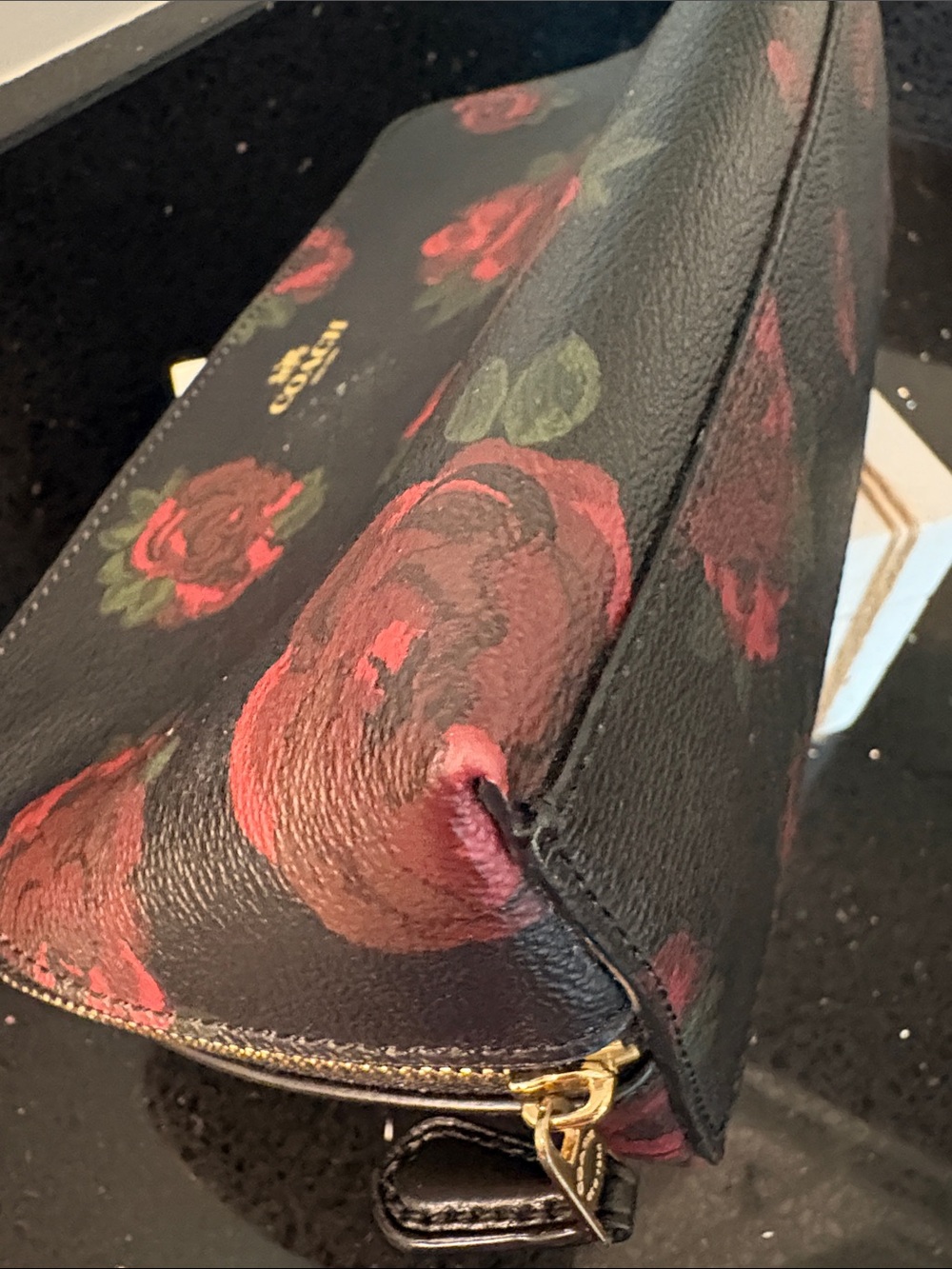 *COACH Black Rose Print Zip Cosmetic Ditty Pouch Bag Clutch Shabby Chic Goth - Picture 9 of 16